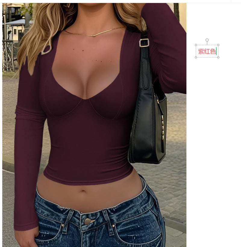 Bodycon Crop Top with Deep V-Neck and Long Sleeves