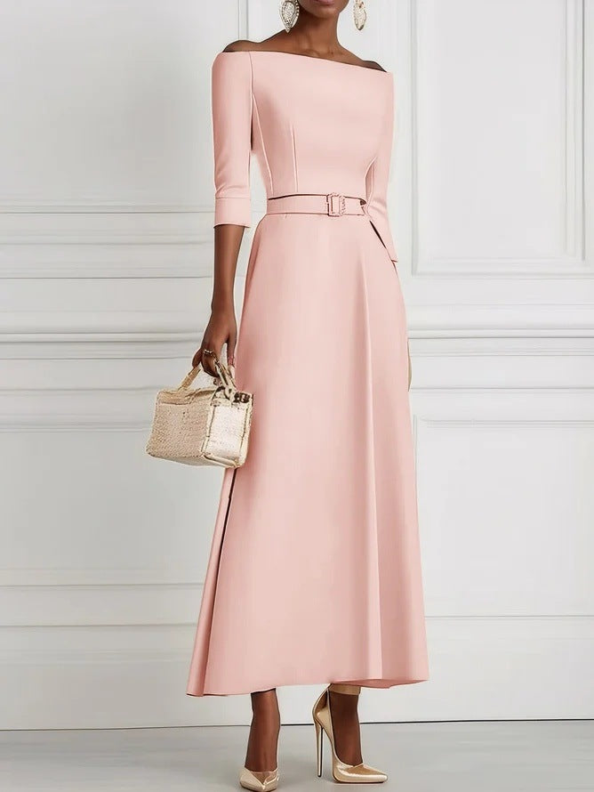 Fit-and-Flare Midi Dress with Off-Shoulder Neck, 3/4 Sleeves, and Belt