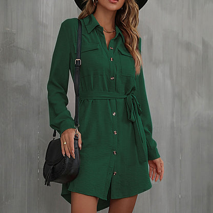 A-Line Shirt Dress with Tie Waist and Button Front