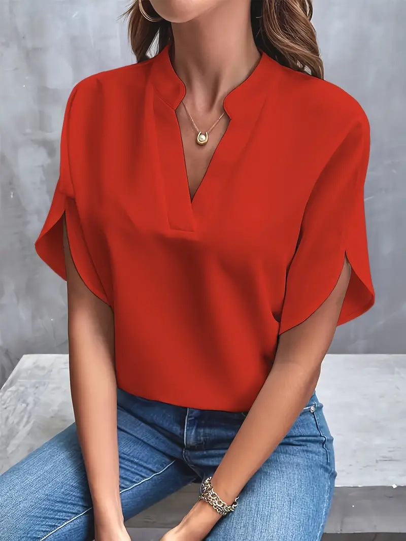 Solid Loose Blouse with Stand Collar V-Neck and Split Sleeves