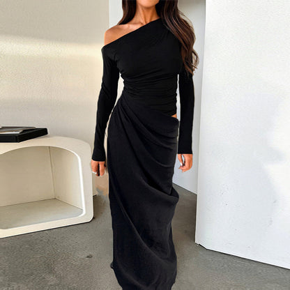 One-Shoulder Bodycon Maxi Dress with Ruched Waist Cutout