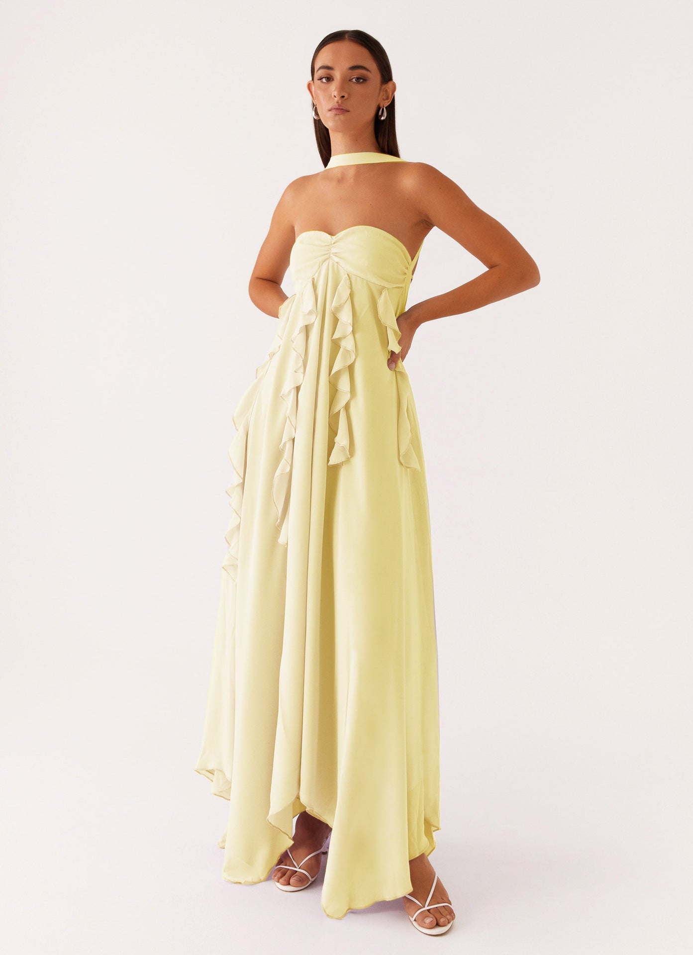 Ruffled Chiffon Maxi Dress with Halterneck and Open Back