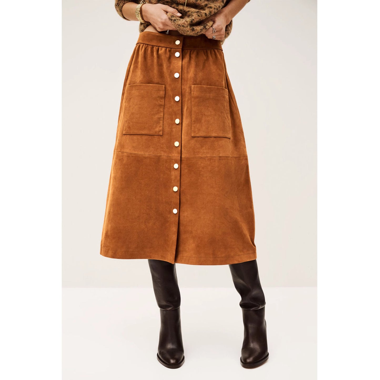 Faux Suede A-Line Midi Skirt with Button Front and Patch Pockets
