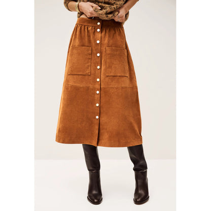 Faux Suede A-Line Midi Skirt with Button Front and Patch Pockets