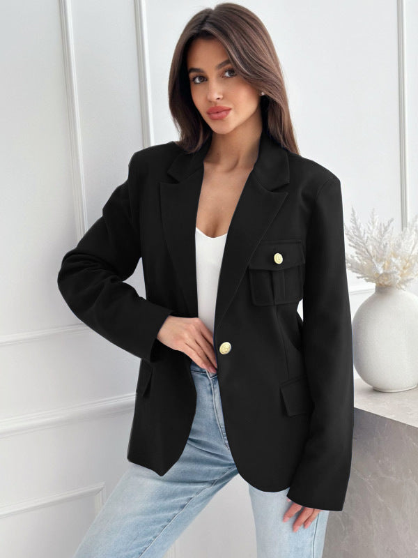 Solid Single-Breasted Blazer with Gold Buttons and Flap Pockets