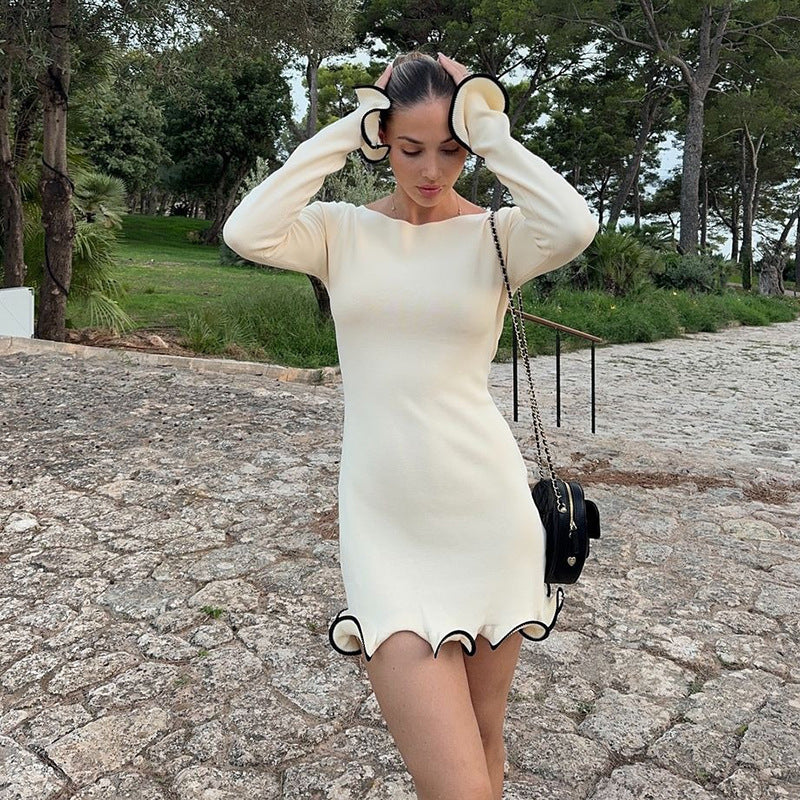 Bodycon Mini Dress with Contrast Lettuce Edge and Flared Cuffs