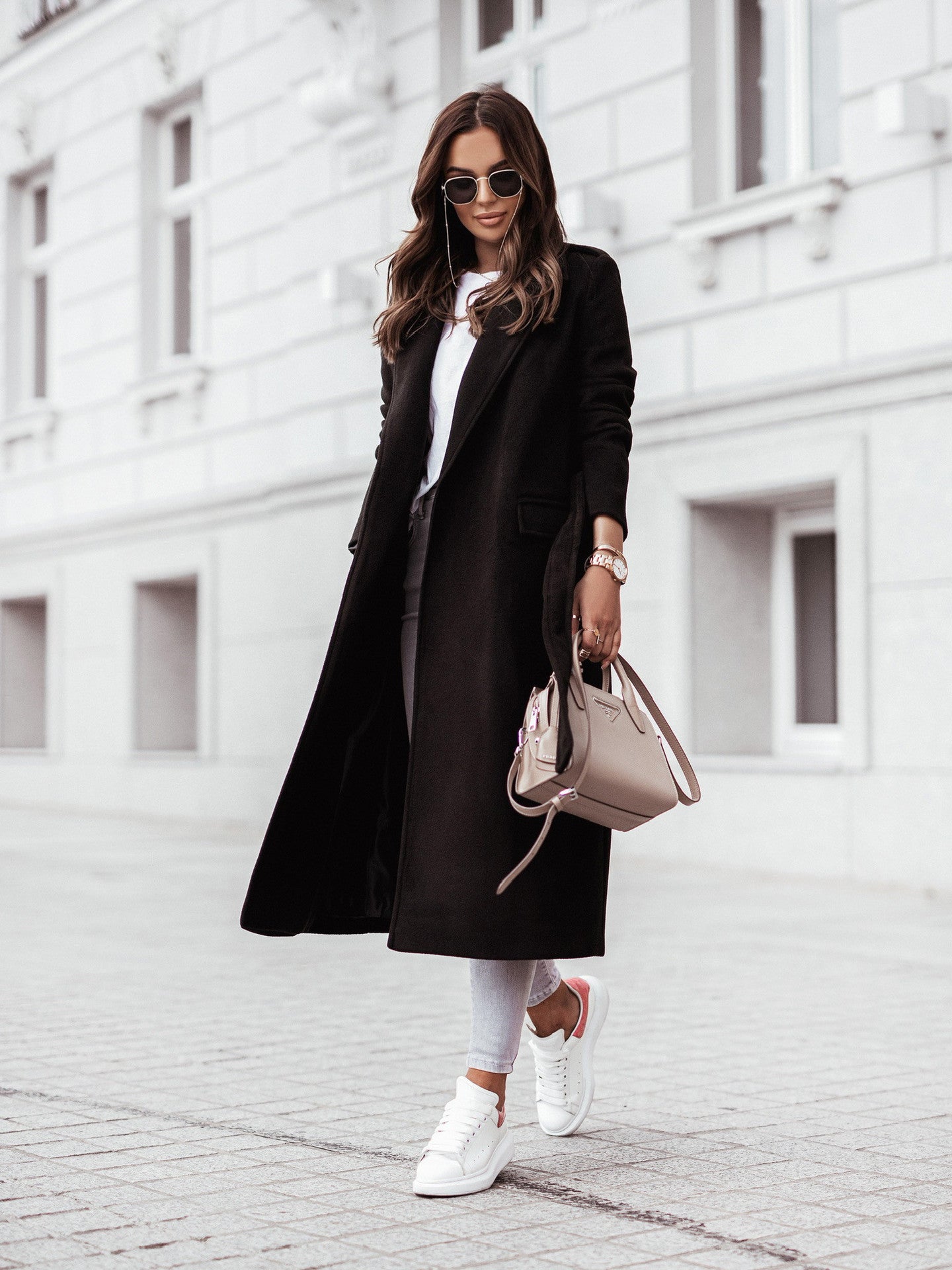 Solid Longline Coat with Lapel Collar and Tie-Waist
