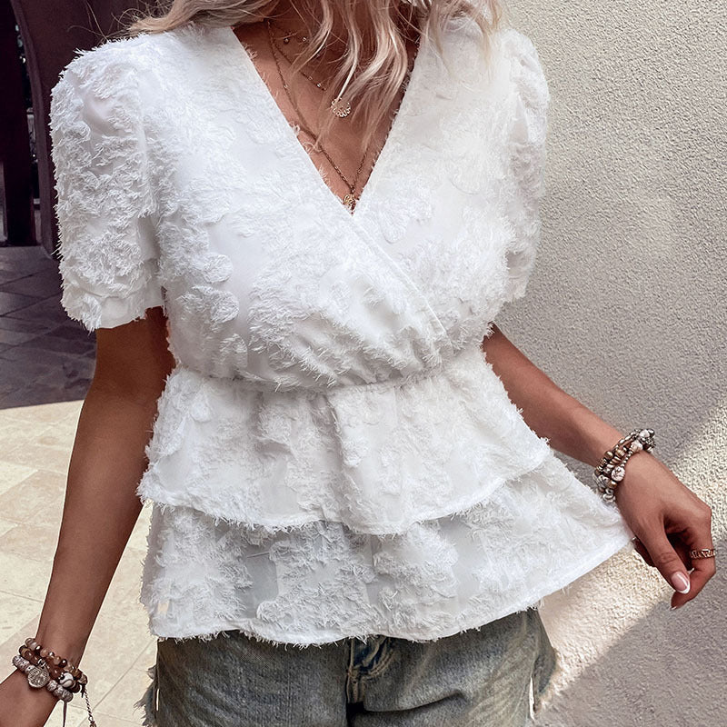 White Textured Tiered Peplum Blouse with V-Neck and Puff Sleeves