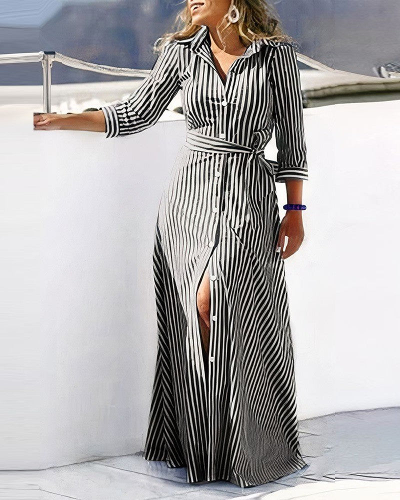 Wavy Striped Maxi Shirt Dress with V-Neck and Belt