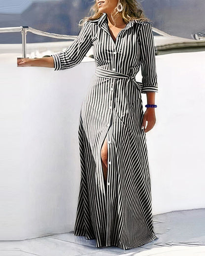 Wavy Striped Maxi Shirt Dress with V-Neck and Belt