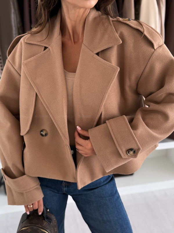 Solid Cropped Jacket with Lapel Collar and Double-Breasted Buttons