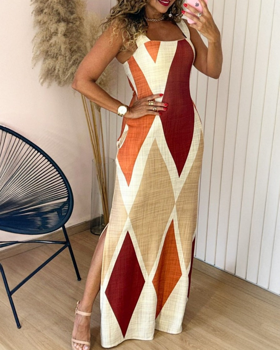Colorblock Geometric Maxi Dress with Side Slit