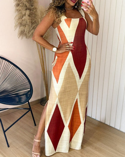 Colorblock Geometric Maxi Dress with Side Slit