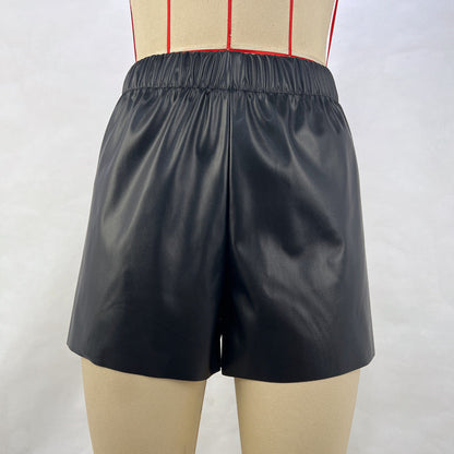 Straight-Leg PU Leather Shorts with Elastic Waistband