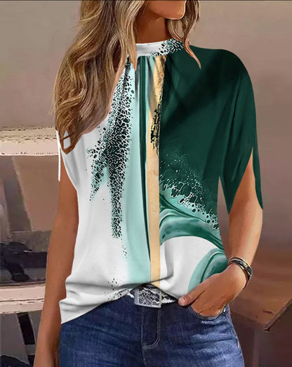 Abstract Print Top with Crewneck and Half Sleeves