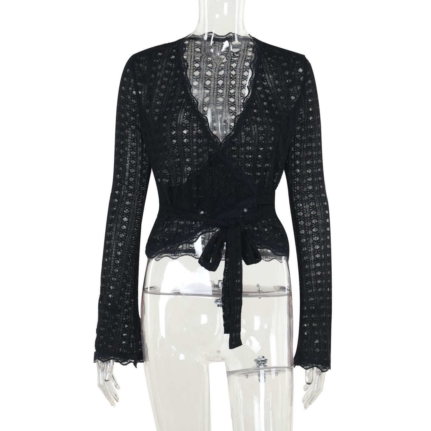 Hollow-Out Lace Wrap Top with V-Neck and Tie Waist