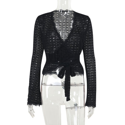 Hollow-Out Lace Wrap Top with V-Neck and Tie Waist