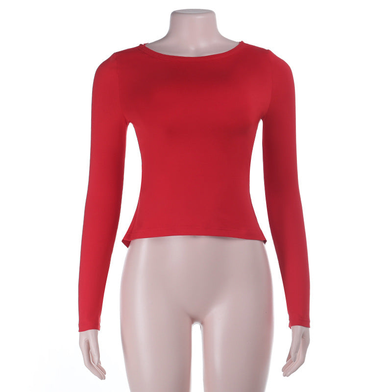 Slim Fit Long Sleeve Top with Lace-Up Back and Bow Detail