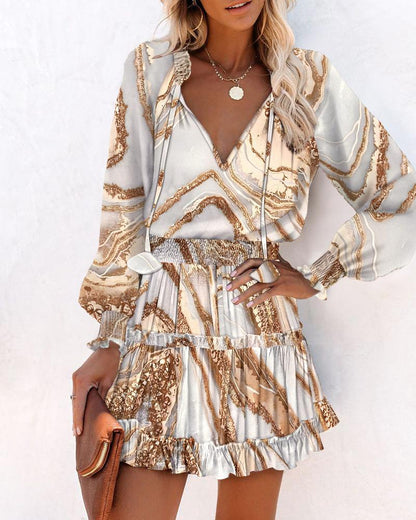 Printed Ruffled Mini Dress with V-Neck and Lantern Sleeves