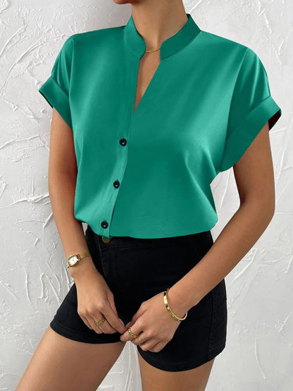Solid Blouse with Short Sleeves and Band Collar V-Neck