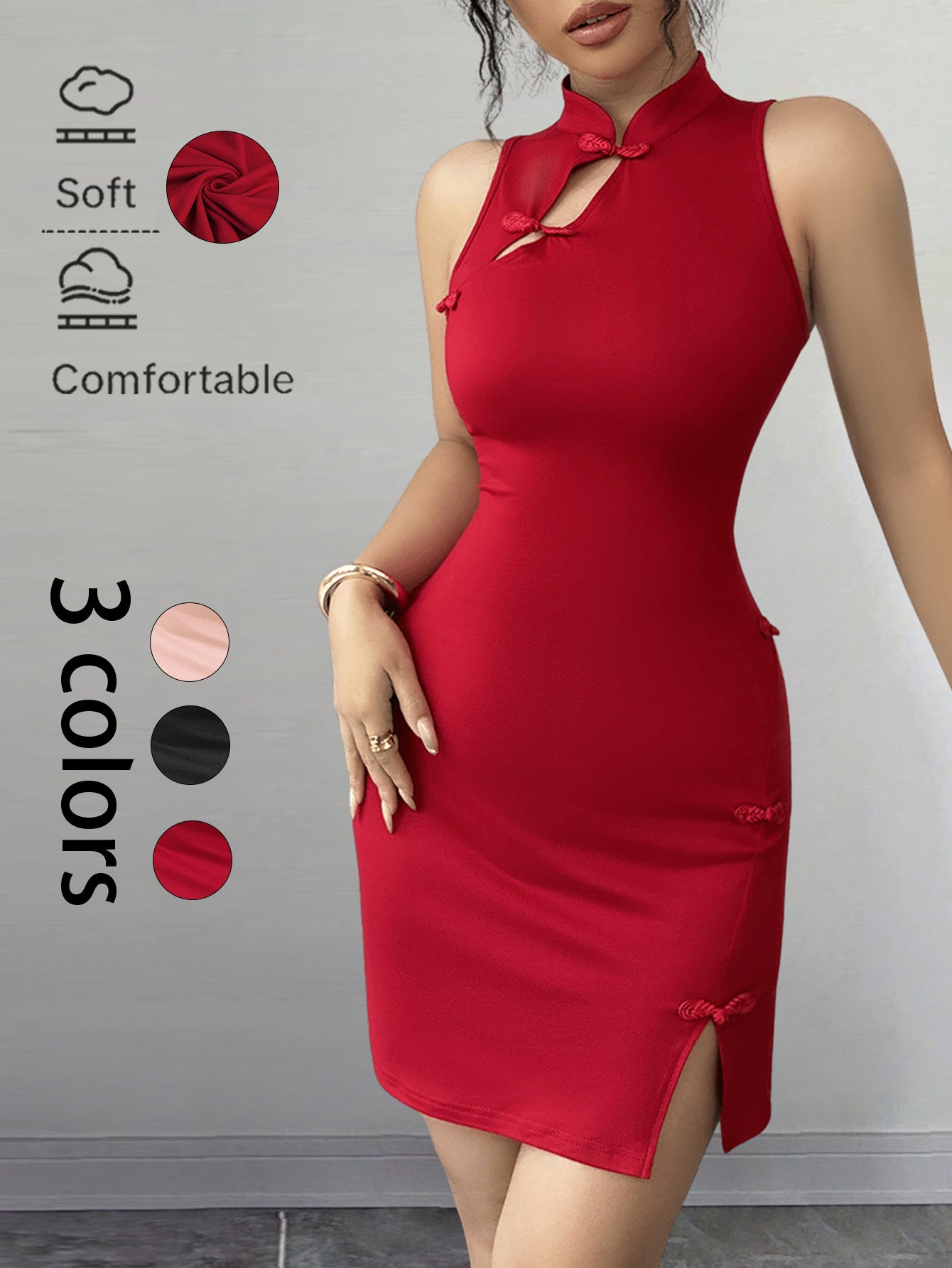 Bodycon Cheongsam Mini Dress with Mandarin Collar and Frog Buttons