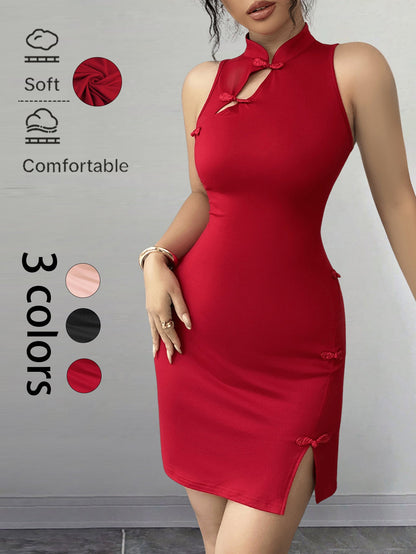 Bodycon Cheongsam Mini Dress with Mandarin Collar and Frog Buttons
