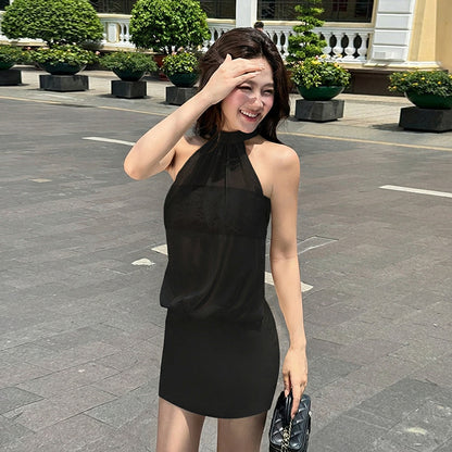 Slim Fit Mini Dress with Sheer Mesh Halter Overlay