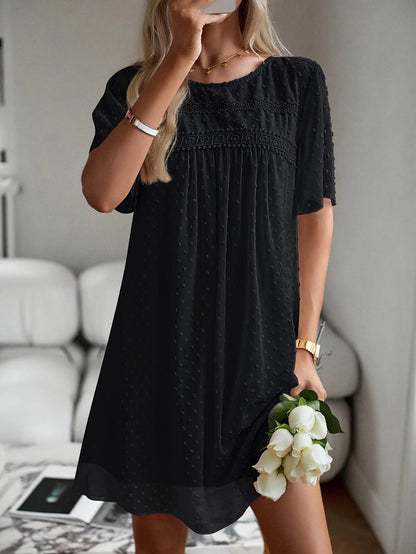 Smock Mini Dress with Swiss Dot Texture and Lace Trim