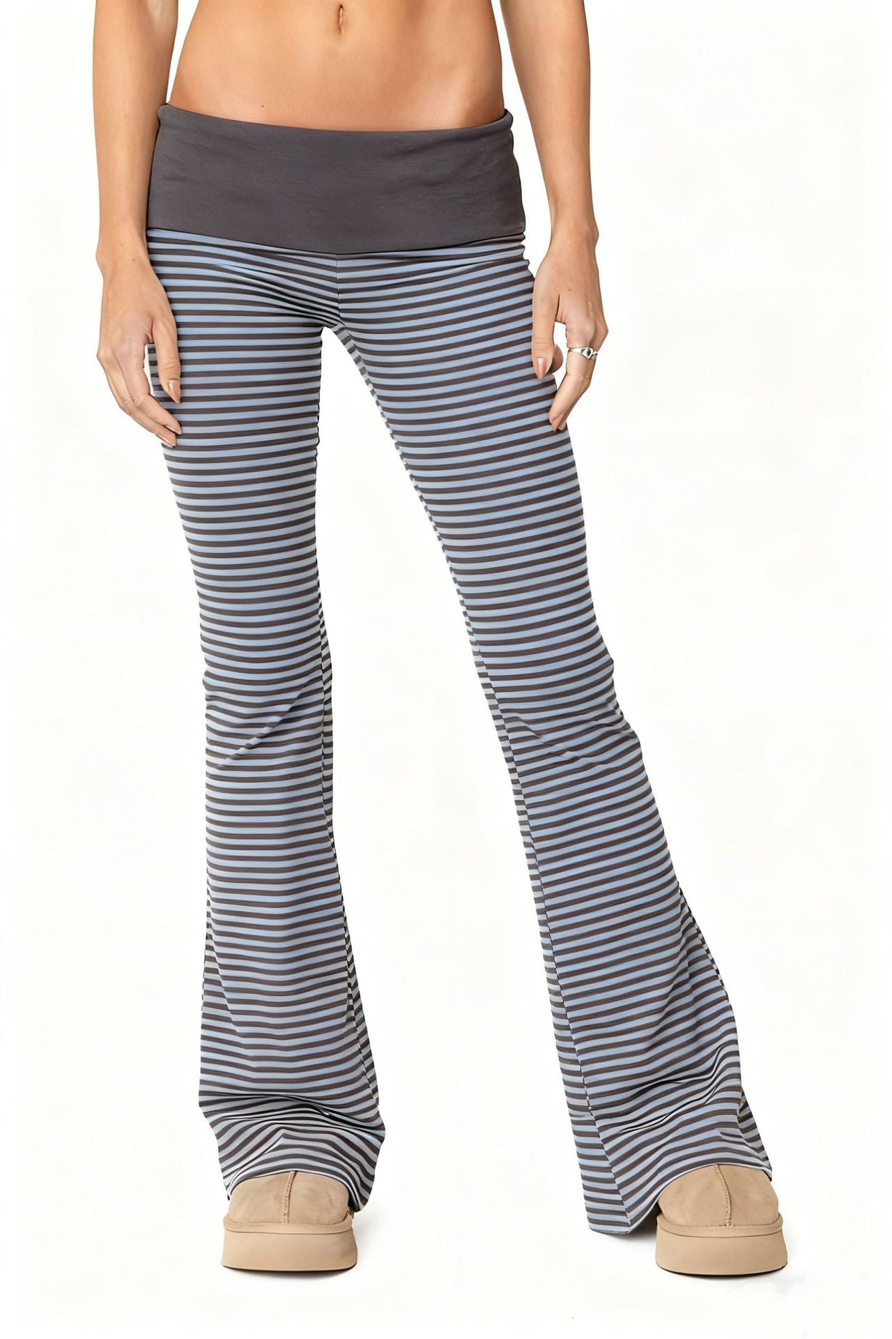 Striped Micro-Flared Trousers with Fold-Over Waistband