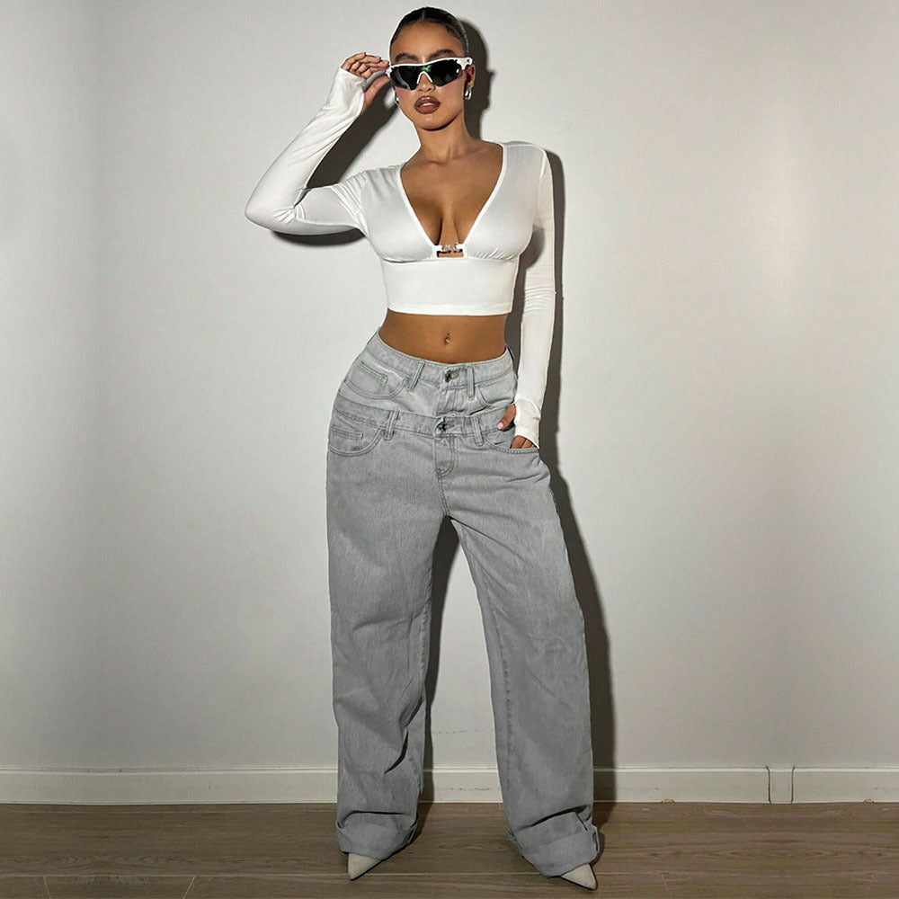 Cropped V-Neck Long Sleeve Top with Backless Tie Detail