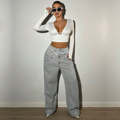 Cropped V-Neck Long Sleeve Top with Backless Tie Detail