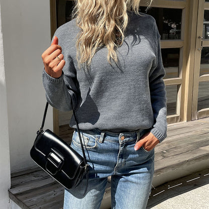 Loose Solid Color Knit Pullover with Buttoned Henley Neck