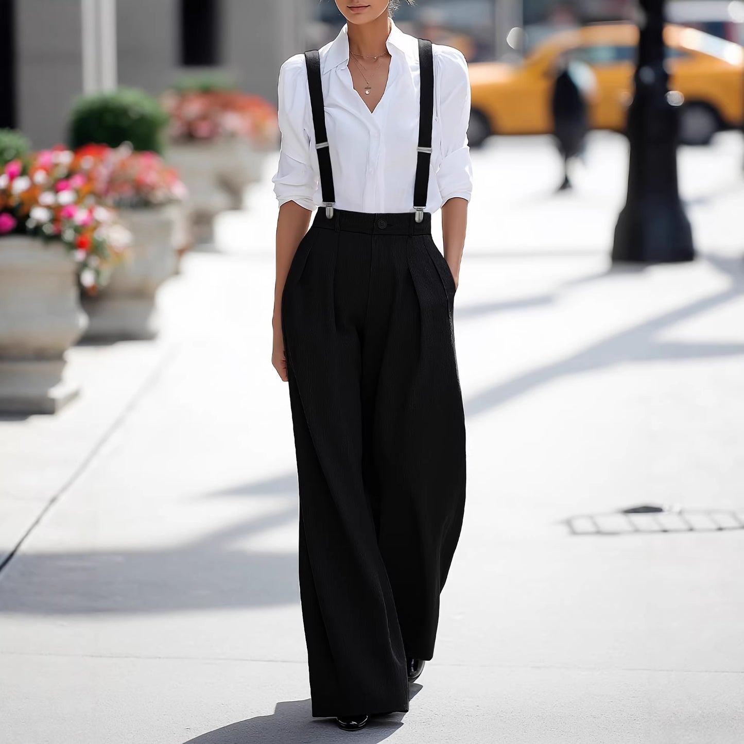 High-Waist Wide-Leg Trousers with Detachable Suspenders
