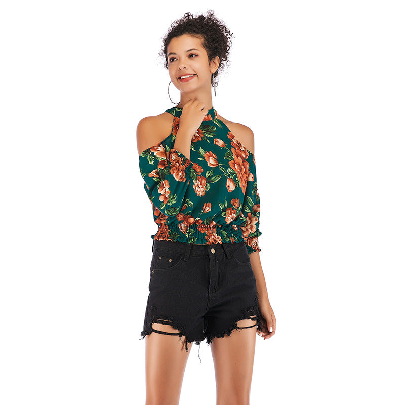 Floral Print Cold-Shoulder Blouse with Smocked Hem