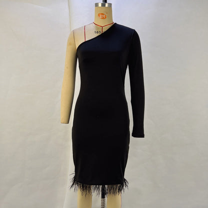 One-Shoulder Bodycon Midi Dress with Feather Trim