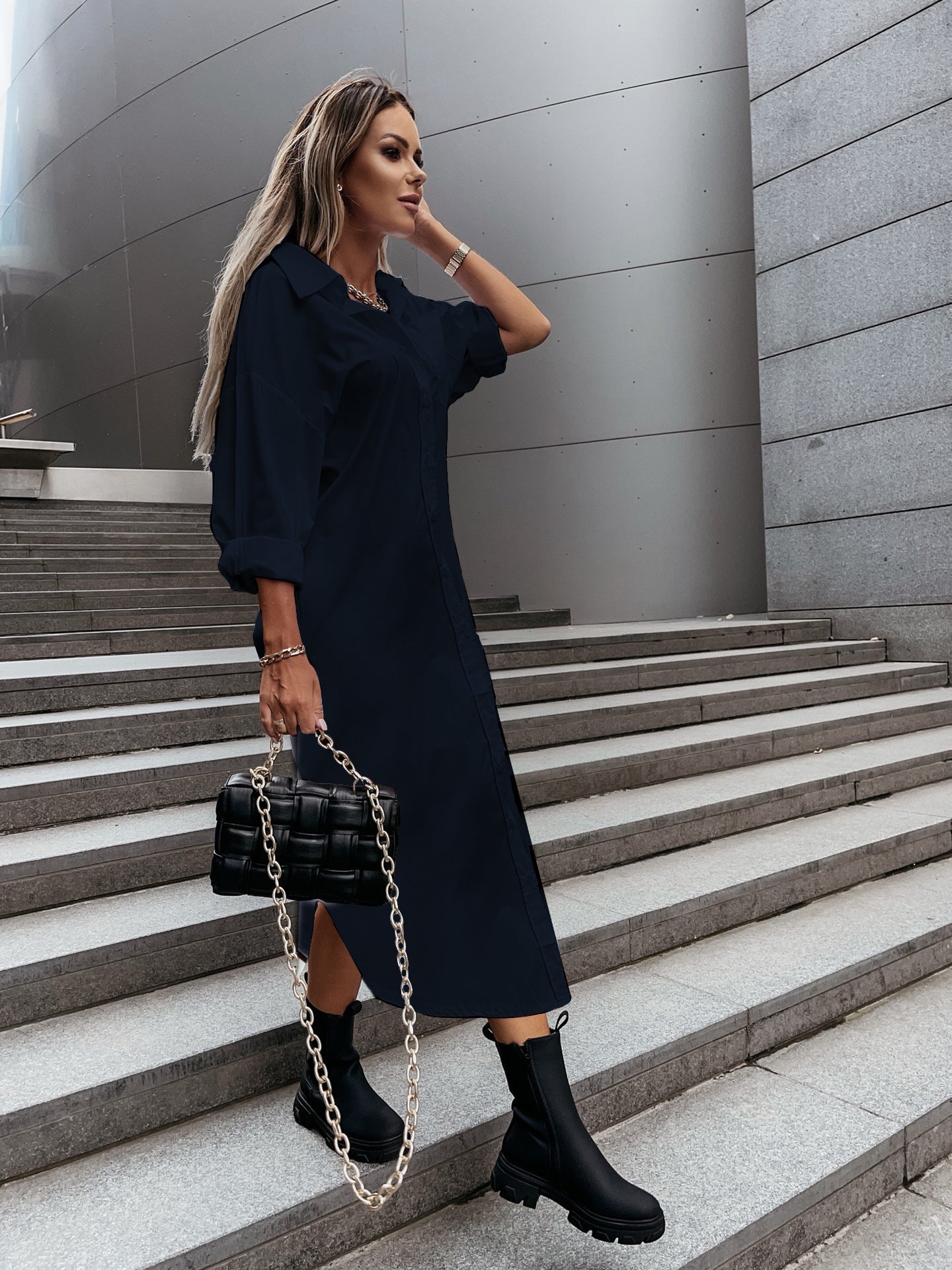 Loose Collared Midi Shirt Dress with Button Front