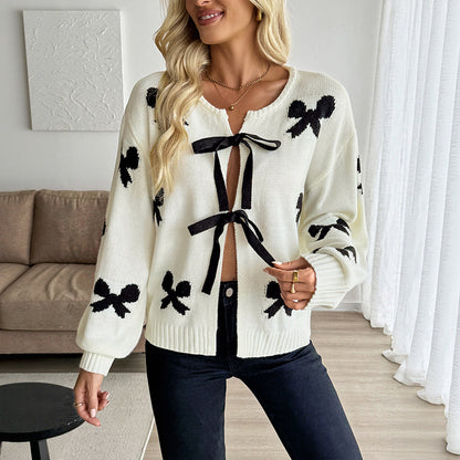 Off-White Bow Pattern Cardigan with Tie Front