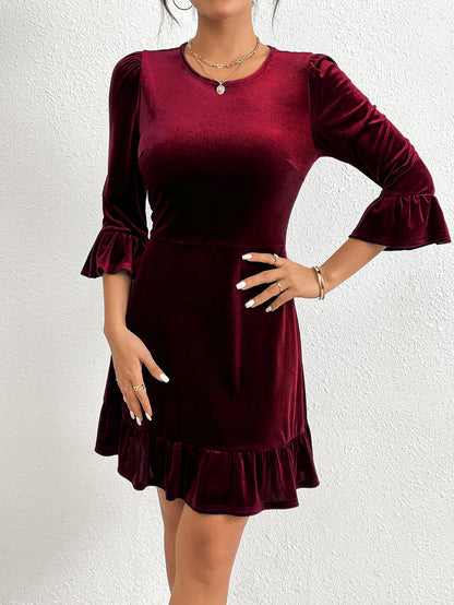 A-Line Velvet Mini Dress with Ruffled Hem and Sleeves