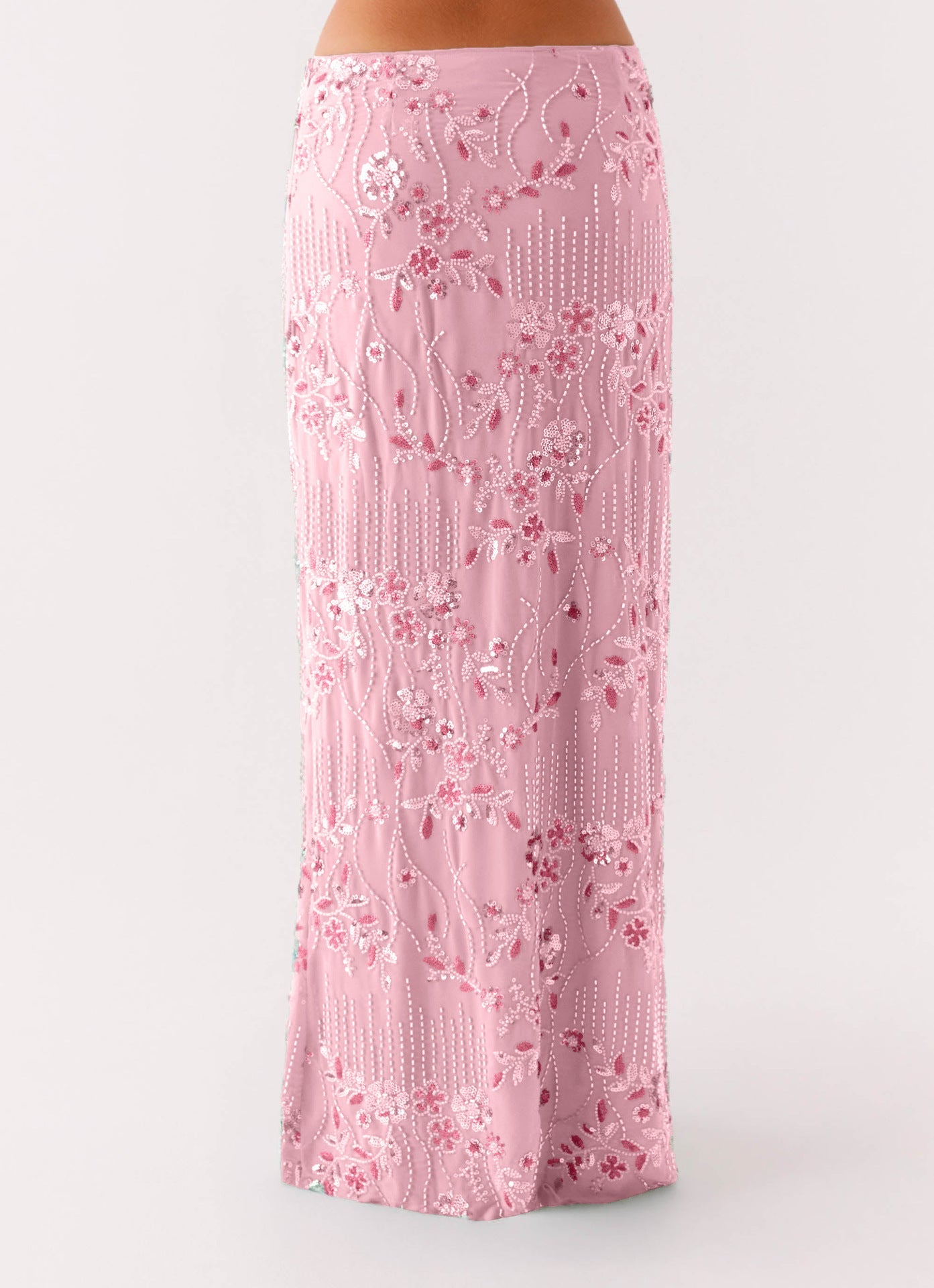 Beaded Floral Straight Maxi Skirt with Irregular Hem