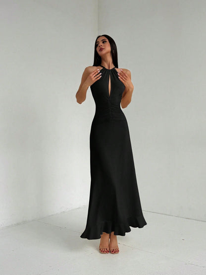 A-Line Halter Maxi Dress with Keyhole and Ruffle Hem