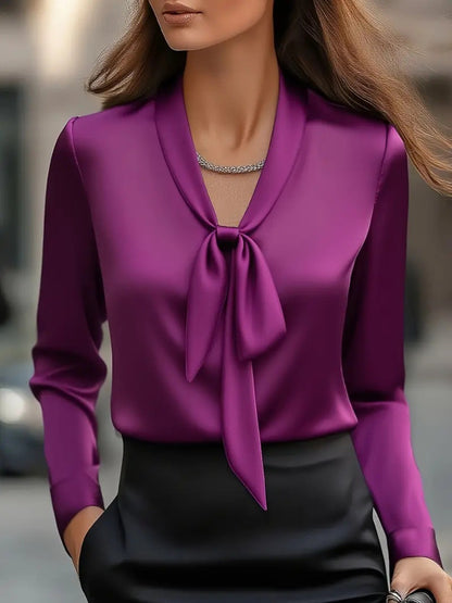 Satin Blouse with Scarf Collar and Long Sleeves
