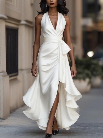 Satin Halter V-Neck Dress with Ruffled High-Low Hem