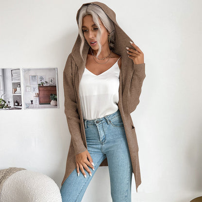 Long Open-Front Cardigan with Hood and Ribbed Knit