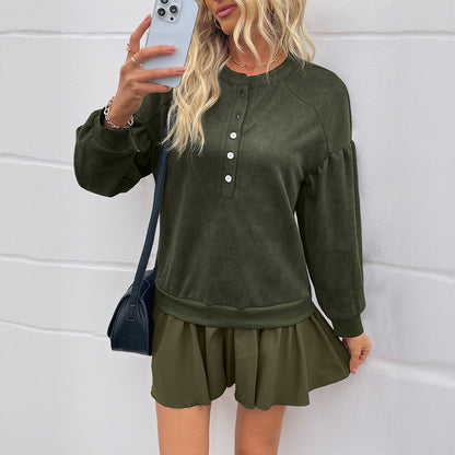 Solid Sweatshirt Dress with Henley Neck and Pleated Skirt