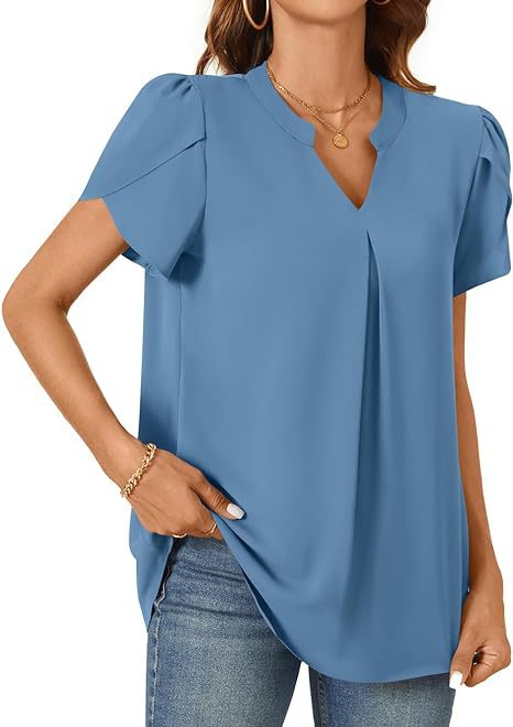 Solid V-Neck Blouse with Petal Sleeves and Pleated Front