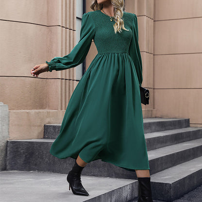 A-Line Midi Dress with Smocked Bodice and Balloon Sleeves