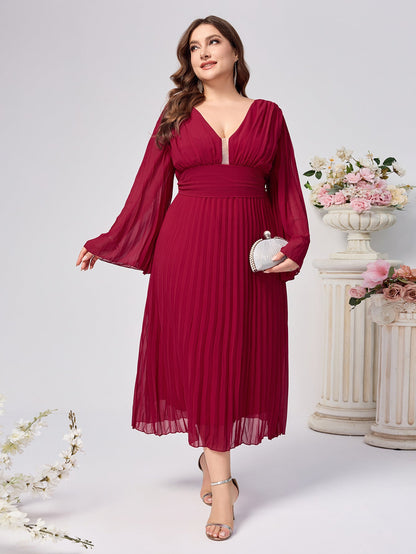 Pleated Chiffon Midi Dress with V-Neck and Bell Sleeves