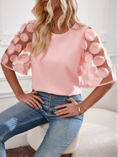 Solid Round Neck Blouse with Mesh Circular Applique Sleeves