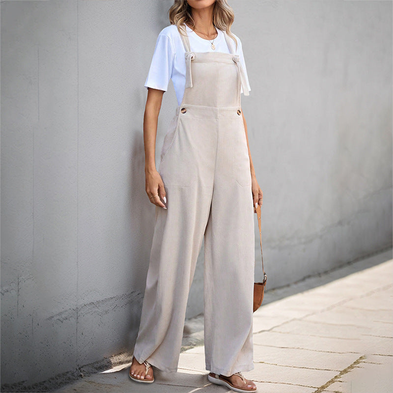 Wide-Leg Corduroy Overalls with Tie Shoulders and Pockets