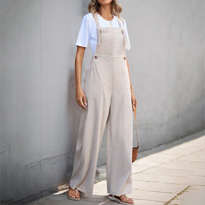Wide-Leg Corduroy Overalls with Tie Shoulders and Pockets